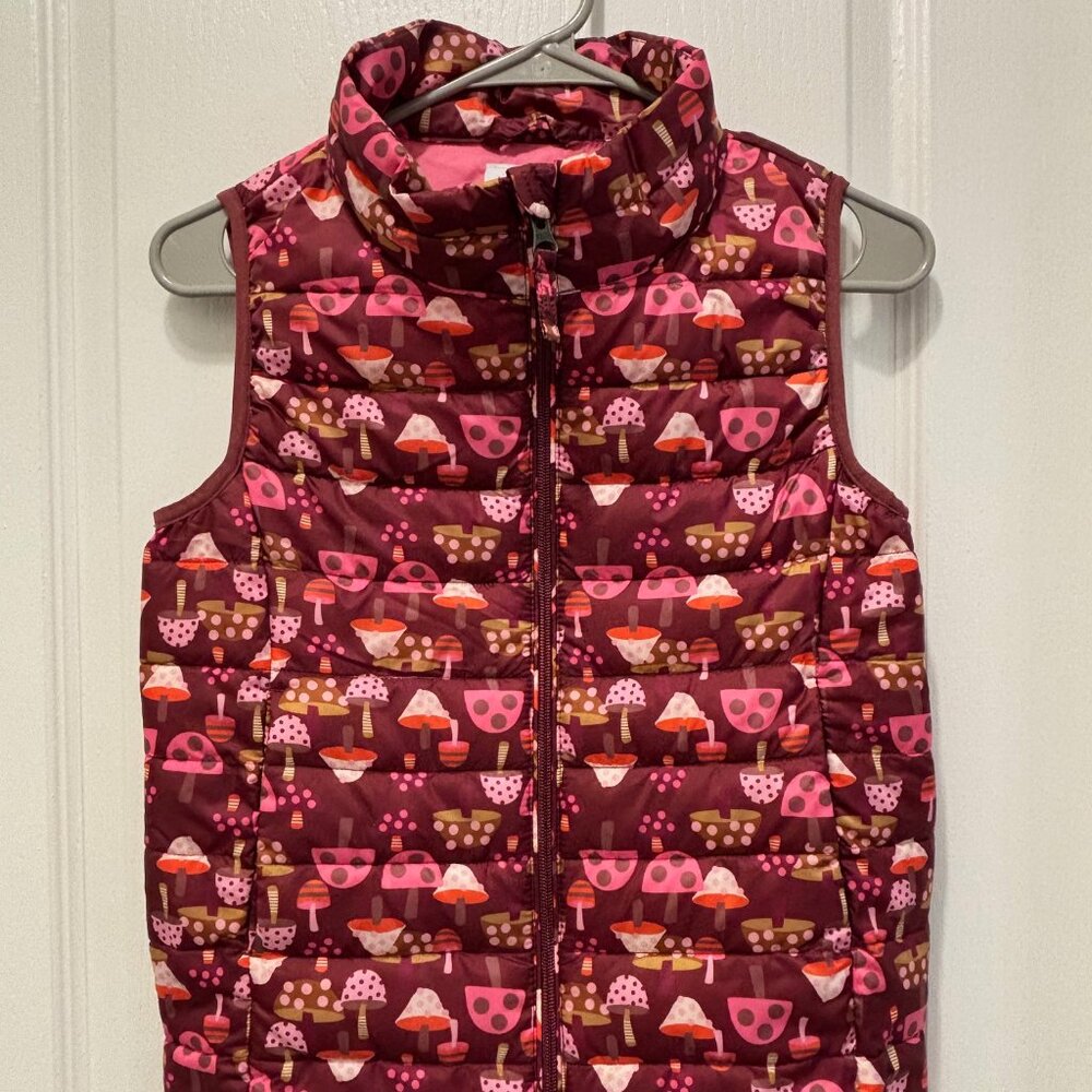 Girls Burgundy and Pink Mushroom Print Puffer Vest - Size 14/16